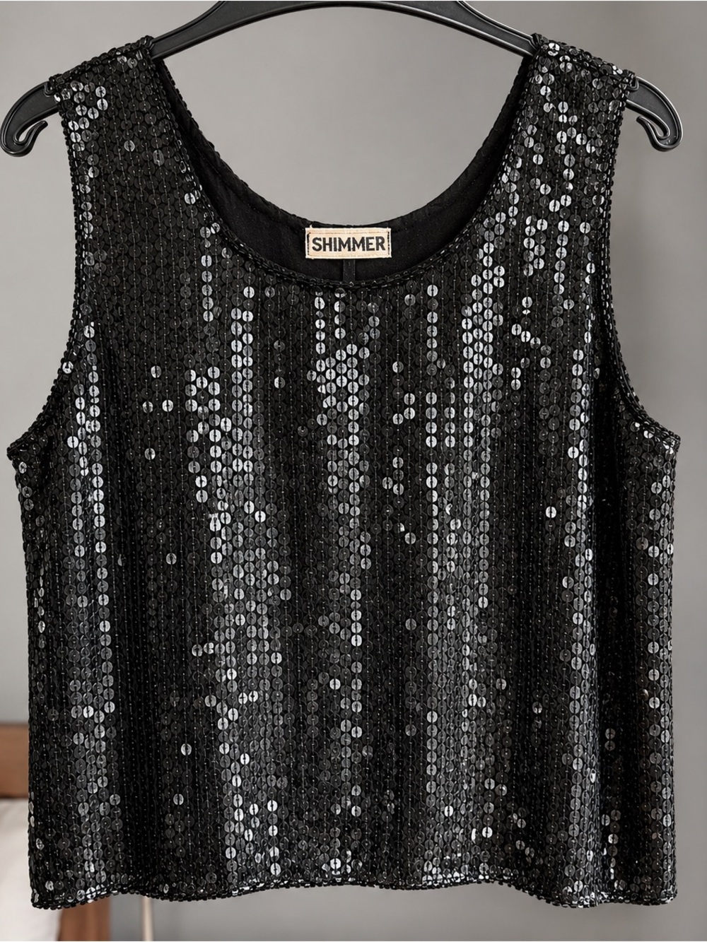 Vintage Shimmer New York Black Silk Sequin Tank Top Size M Y2K Party Glam